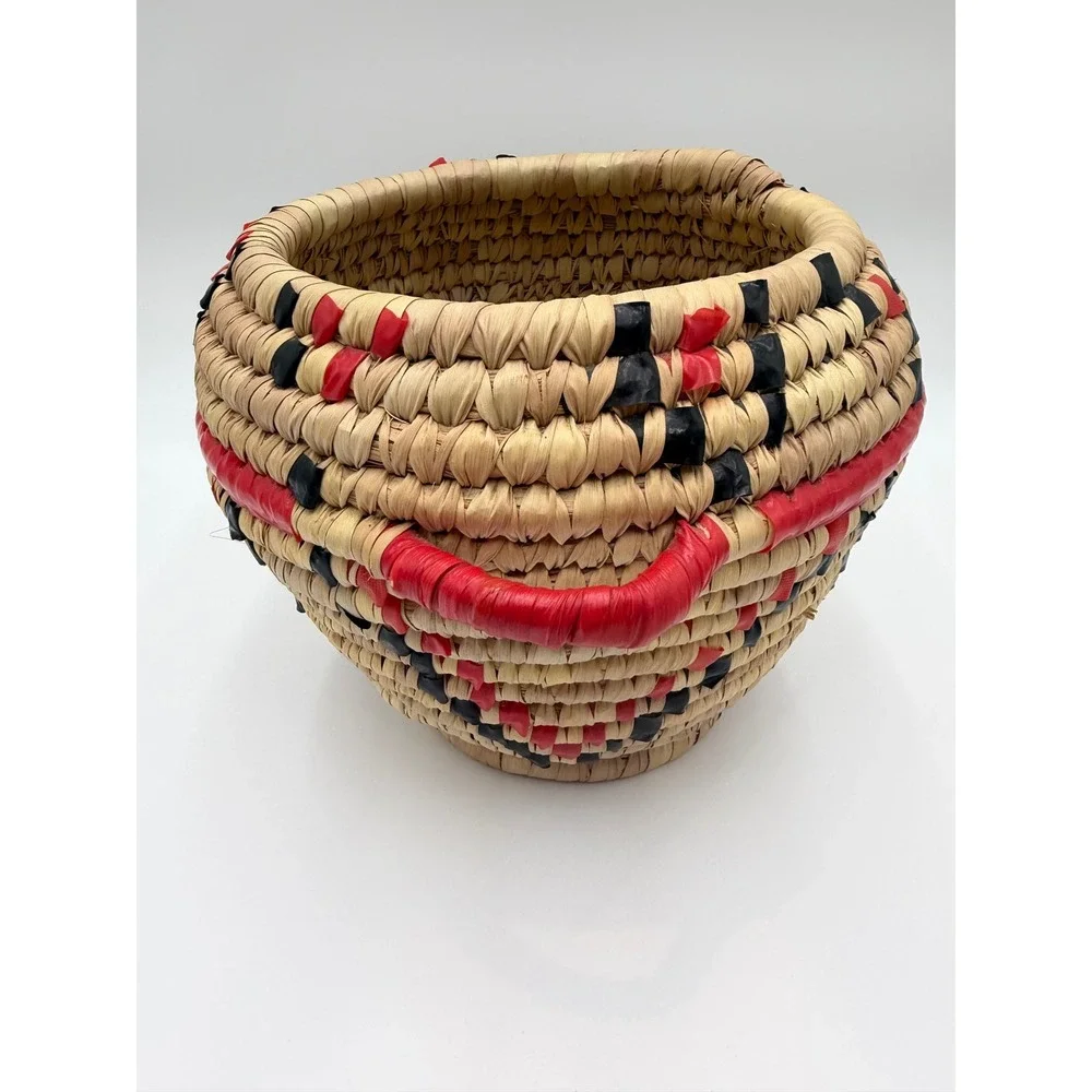 Handmade Woven Coiled Basket Red Black Geometric Pattern with Handles